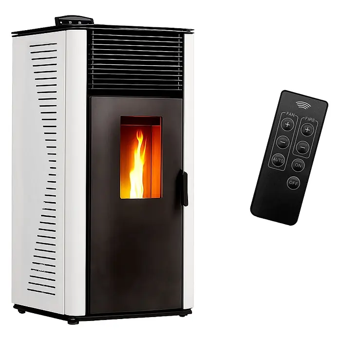 Sannover Pelletofen Anita 12 kW Weiß - 12 kW, Raumheizvermögen: 300 m³, 2,4 kg/h, Farbe Verkleidung: Weiß - Weißer und schwarzer Pelletofen mit aktiver Flamme und schwarzer Fernbedienung.