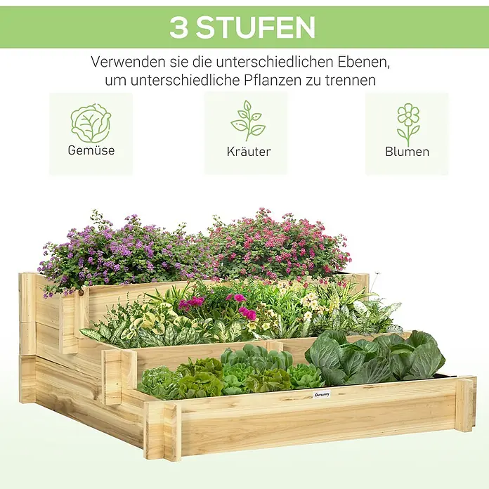 Furnicato Hochbeet - 93 x 93 x 35 cm, Holz, Natur - Dreistufiges Hochbeet aus Holz zur Trennung verschiedener Pflanzen wie Gemüse, Kräuter und Blumen.