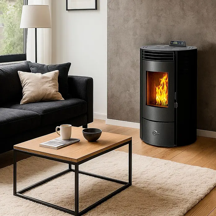 Sannover Pelletofen Azora 11,6 kW Schwarz - 11,6 kW, Raumheizvermögen: 240 m³, 1,8 kg/h, Farbe Verkleidung: Schwarz - Schwarzer Pelletofen mit sichtbarer Flamme in einem modernen Wohnzimmer neben Sofa und Couchtisch.