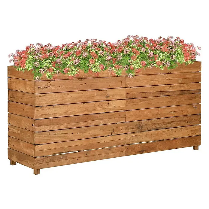 Furnicato Hochbeet - 150 x 40 x 72 cm, Holz, Braun - Großer rechteckiger Blumenkasten aus rustikalen Holzbrettern, gefüllt mit leuchtend rosa und grünen Blumen.