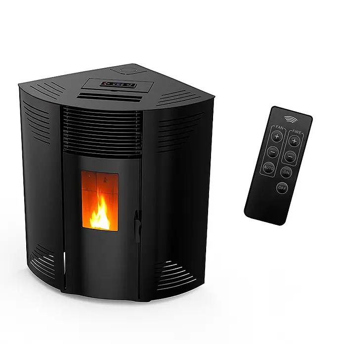 Sannover Pelletofen Iseos 12,2 kW Schwarz - 12,2 kW, Raumheizvermögen: 300 m³, 2,4 kg/h, Farbe Verkleidung: Schwarz - Schwarzer Eck-Pelletofen mit sichtbarer Flamme und passender schwarzer Fernbedienung.