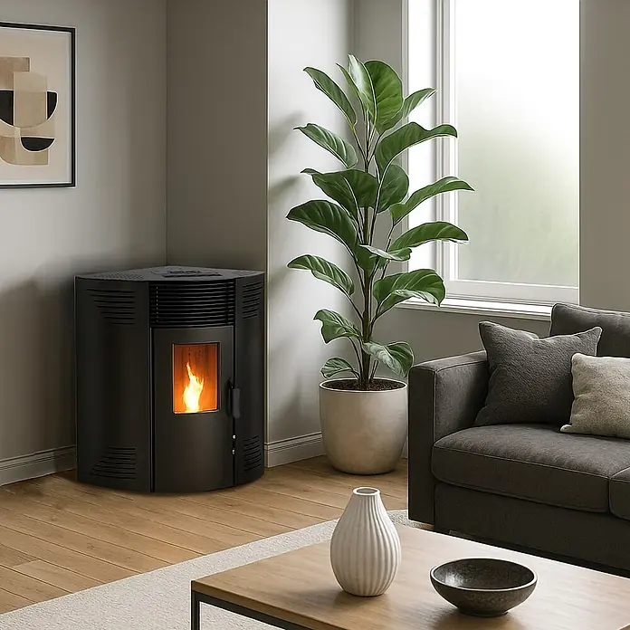 Sannover Pelletofen Iseos 12,2 kW Schwarz - 12,2 kW, Raumheizvermögen: 300 m³, 2,4 kg/h, Farbe Verkleidung: Schwarz - Schwarzer Eck-Pelletofen mit sichtbaren Flammen, der ein modernes Wohnzimmer heizt.