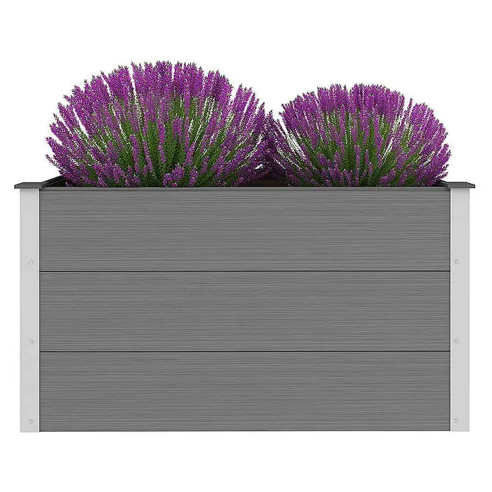 Furnicato Hochbeet - 100 x 50 x 54 cm, Verbundwerkstoff, Grau - Graues Hochbeet mit Holzoptik und silbernen Eckstützen, gefüllt mit violetten Blühpflanzen.