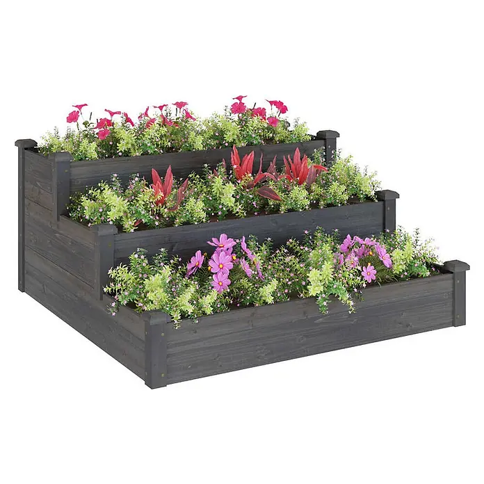 Furnicato Hochbeet Tannen-Massivholz - 120 x 120 x 56 cm, Holz, Grau - Dunkelgrauer, gestufter Holz-Pflanzkasten mit verschiedenen Pflanzen und Blumen.