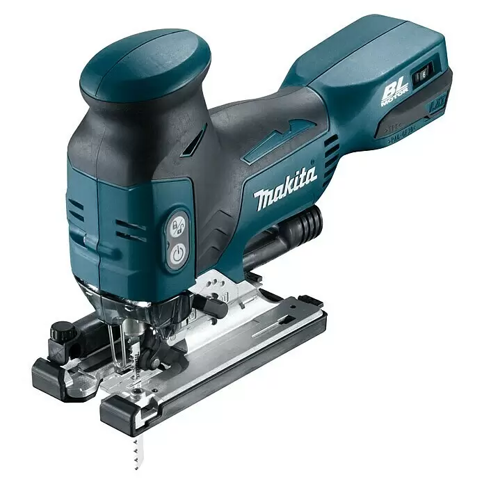 Makita LXT 18V Sierra de calar a batería con acción pendular DJV181Z - 18 V, Iones de litio, Sin batería, 800 /min - 3.500 /min - Sierra de calar Makita inalámbrica turquesa y negra con base y hoja metálicas.