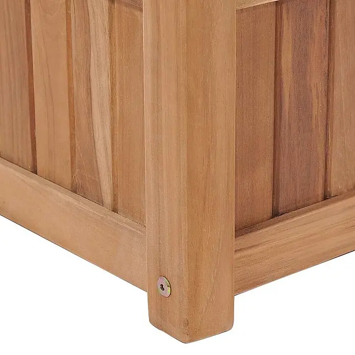 Furnicato Hochbeet Teakholz - 100 x 30 x 25 cm, Holz, Braun - Nahaufnahme der Ecke eines hellbraunen Teakholz-Pflanzgefäßes mit einer sichtbaren Metallschraube am Bein.
