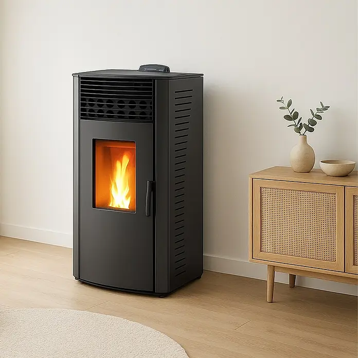 Sannover Pelletofen Anita 15 kW Schwarz - 15 kW, Raumheizvermögen: 350 m³, 2,6 kg/h, Farbe Verkleidung: Schwarz - Schwarzer Pelletofen mit sichtbarer Flamme in einem modernen Raum mit Holzboden und Beistellschrank.