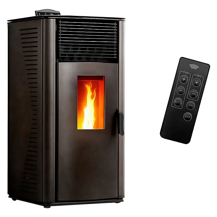 Sannover Pelletofen Anita 15 kW Schwarz - 15 kW, Raumheizvermögen: 350 m³, 2,6 kg/h, Farbe Verkleidung: Schwarz - Dunkler Metall-Pelletofen mit leuchtender Flamme und schwarzer Fernbedienung.