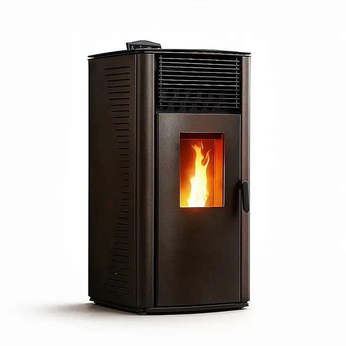 Sannover Pelletofen Anita 15 kW Schwarz - 15 kW, Raumheizvermögen: 350 m³, 2,6 kg/h, Farbe Verkleidung: Schwarz - Dunkelbrauner moderner Pelletofen mit leuchtender Flamme im Fenster.