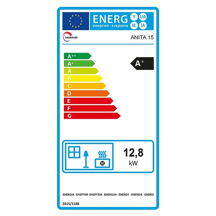 Sannover Pelletofen Anita 15 kW Bordeaux - 15 kW, Raumheizvermögen: 350 m³, 2,6 kg/h, Farbe Verkleidung: Bordeauxrot - EU-Energielabel für Sannover Anita 15. Energieeffizienzklasse A+, 12,8 kW Heizleistung.
