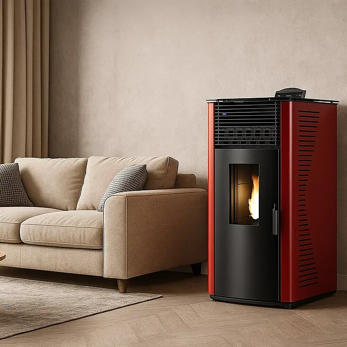 Sannover Pelletofen Anita 15 kW Bordeaux - 15 kW, Raumheizvermögen: 350 m³, 2,6 kg/h, Farbe Verkleidung: Bordeauxrot - Roter und schwarzer Pelletofen mit sichtbarer Flamme, neben einem beigen Sofa in einem Wohnzimmer.
