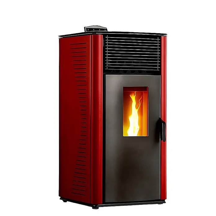 Sannover Pelletofen Anita 15 kW Bordeaux - 15 kW, Raumheizvermögen: 350 m³, 2,6 kg/h, Farbe Verkleidung: Bordeauxrot - Moderner roter Pelletofen mit dunkler Frontplatte und transparentem Fenster, das eine lebhafte Flamme zeigt.