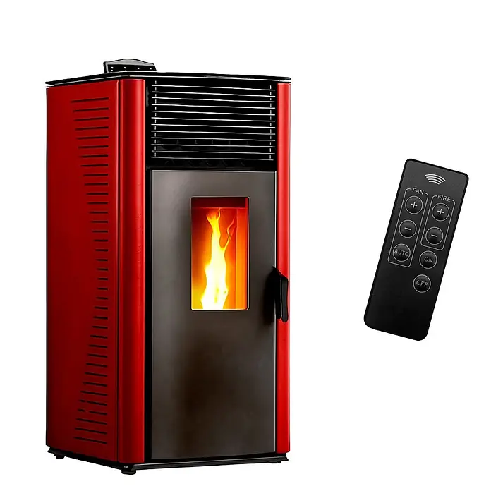 Sannover Pelletofen Anita 15 kW Bordeaux - 15 kW, Raumheizvermögen: 350 m³, 2,6 kg/h, Farbe Verkleidung: Bordeauxrot - Roter und dunkelgrauer Pelletofen mit sichtbarer Flamme, begleitet von einer schwarzen Fernbedienung für Lüfter- und Flammeneinstellungen.