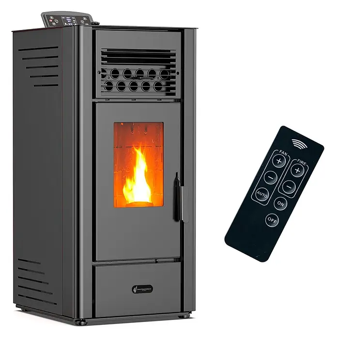 Sannover Pelletofen Anita 11,6 kW Schwarz - 10 kW, Raumheizvermögen: 240 m³, 2,2 kg/h, Farbe Verkleidung: Schwarz - Dunkelgrauer Pelletofen mit sichtbarer Flamme und zugehöriger Fernbedienung für Temperatur- und Lüftereinstellungen.