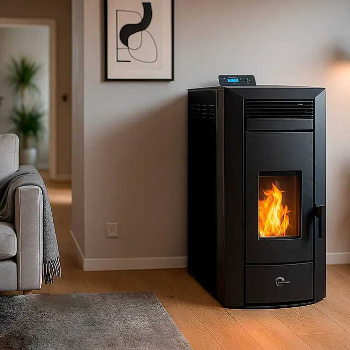 Sannover Pelletofen - 22,7 kW, Raumheizvermögen: 530 m³, 3,6 kg/h, Farbe Verkleidung: Schwarz - Schwarzer Pelletofen mit sichtbarer Flamme, der ein modernes Wohnzimmer wärmt.