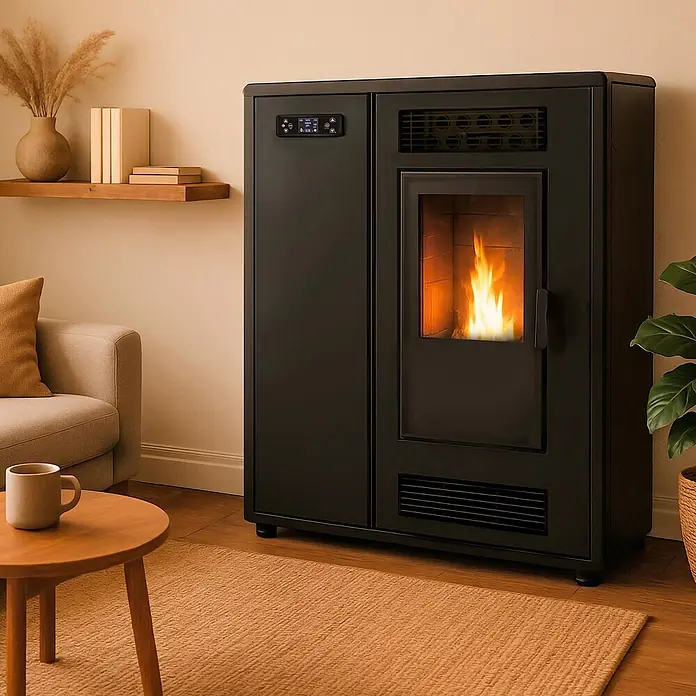 Sannover Pelletofen Astral 12,2 kW Schwarz - 12,2 kW, Raumheizvermögen: 300 m³, 2,4 kg/h, Farbe Verkleidung: Schwarz - Schwarzer Pelletofen mit leuchtendem Feuer in einem modernen Wohnzimmer, mit digitalem Bedienfeld und Lüftungsgittern.