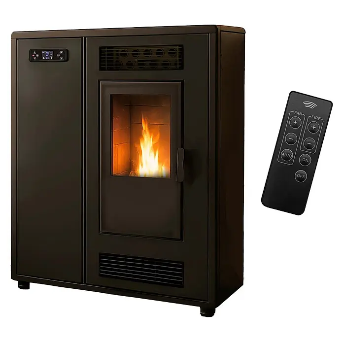 Sannover Pelletofen Astral 12,2 kW Schwarz - 12,2 kW, Raumheizvermögen: 300 m³, 2,4 kg/h, Farbe Verkleidung: Schwarz - Schwarzer Pelletofen mit sichtbarer Flamme und Fernbedienung für Temperatur- und Lüftereinstellungen.