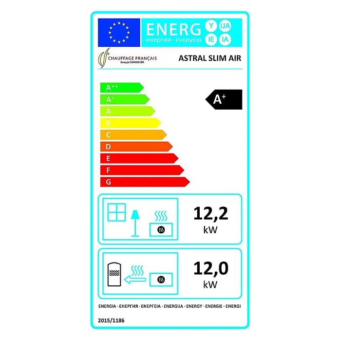Sannover Pelletofen Astral 12,2 kW Bordeaux - 12,2 kW, Raumheizvermögen: 300 m³, 2,4 kg/h, Farbe Verkleidung: Bordeauxrot - Energieetikett für ASTRAL SLIM AIR Heizgerät. Energieeffizienz A+, 12,2 kW Raumheizung, 12,0 kW Wasserheizung.