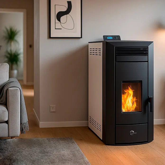 Sannover Pelletofen - 22,7 kW, Raumheizvermögen: 530 m³, 3,6 kg/h, Farbe Verkleidung: Weiß - Schwarz-weißer Pelletofen mit sichtbarer Flamme, der ein modernes Wohnzimmer wärmt.