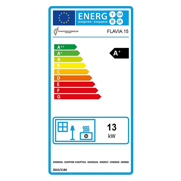 Sannover Pelletofen Flavia 15 kW Sannover Weiß - 13,8 kW, Raumheizvermögen: 300 m³, 2,6 kg/h, Farbe Verkleidung: Weiß - Energielabel für einen CHAUFFAGE FRANÇAIS FLAVIA 15 Heizofen, Energieklasse A+, 13 kW Leistung, gemäß 2015/1186.