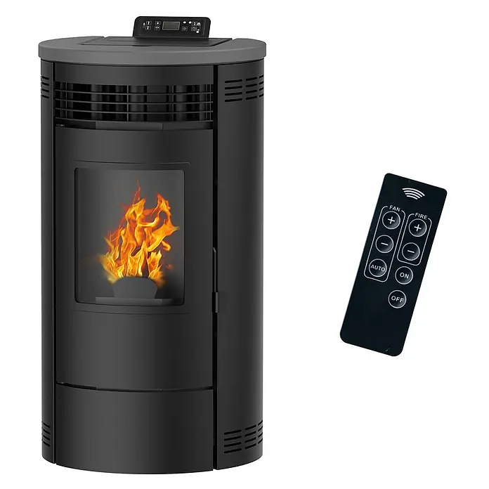 Sannover Pelletofen Pelletofen Flavia 9,5 kW Schwarz - 11,6 kW, Raumheizvermögen: 240 m³, 1,8 kg/h, Farbe Verkleidung: Schwarz - Moderner schwarzer Pelletofen mit sichtbarer Flamme und passender schwarzer Fernbedienung.