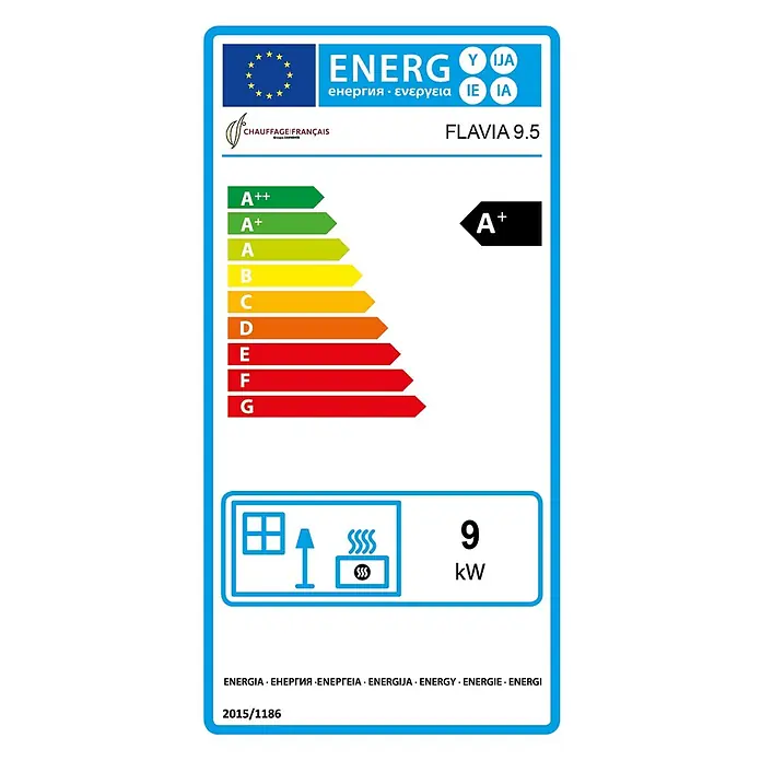 Sannover Pelletofen Pelletofen Flavia 9,5 kW Schwarz - 11,6 kW, Raumheizvermögen: 240 m³, 1,8 kg/h, Farbe Verkleidung: Schwarz - EU-Energieeffizienzlabel für CHAUFFAGE FRANÇAIS FLAVIA 9.5 Heizgerät, A+ Energieklasse, 9 kW Leistung.
