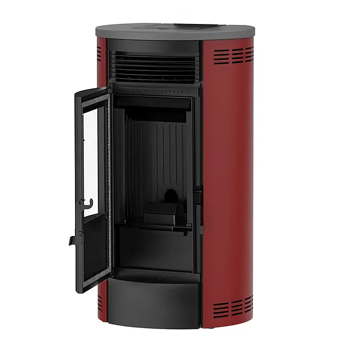 Sannover Pelletofen Flavia 15 kW Bordeaux - 13,8 kW, Raumheizvermögen: 300 m³, 2,6 kg/h, Farbe Verkleidung: Bordeauxrot - Roter und schwarzer Pelletofen mit offener Glastür, die die Brennkammer zeigt.