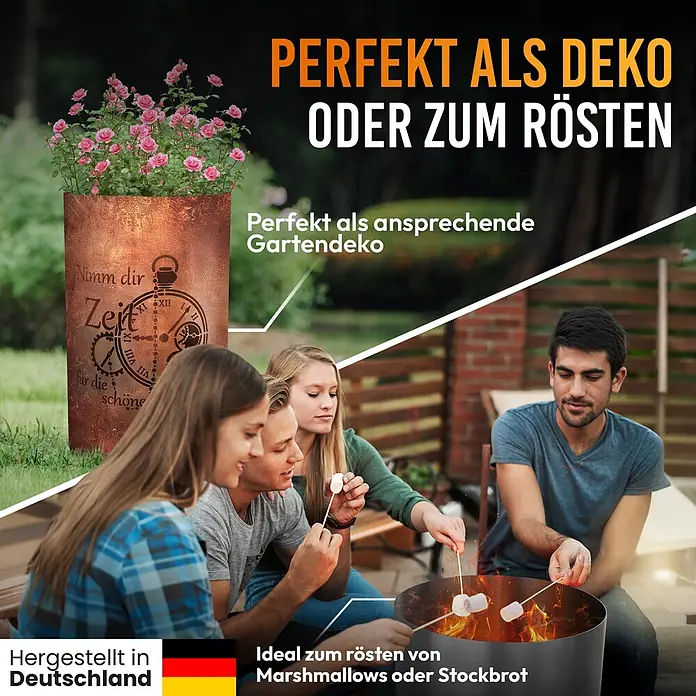 TiKo-Design Holzkohlegrill Feuertonne-Zeit - Grau - Rostfarbener Metallkübel mit Uhr-Design, als Rosentopf und Feuerstelle zum Rösten von Marshmallows verwendet.