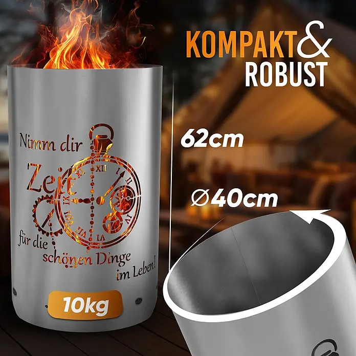 TiKo-Design Holzkohlegrill Feuertonne-Zeit - Grau - Feuerstelle aus Edelstahl mit dekorativen Ausschnitten, brennenden Flammen. 62cm H, Ø40cm, 10kg. Beschrieben als kompakt und robust.