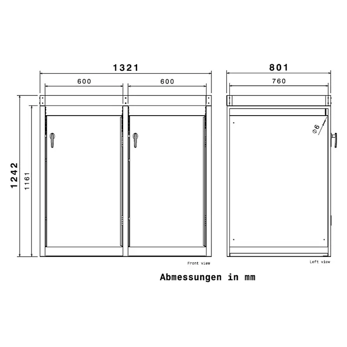 Metzler Mülltonnenbox - 132 x 80 cm, Stahl, Anthrazit, Geeignet für Anzahl Mülltonnen: 2 Stk., Mit Pflanzdach - Technische Zeichnung eines zweitürigen Schranks mit Maßen: 1321mm (B) x 1242mm (H) x 801mm (T).