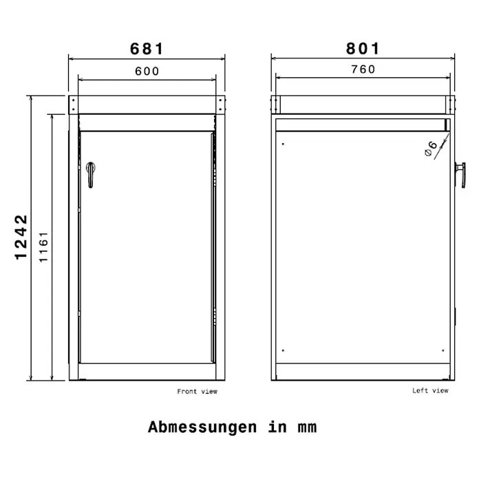 Metzler Mülltonnenbox - 68 x 80 cm, Stahl, Anthrazit, Geeignet für Anzahl Mülltonnen: 1 Stk., Mit Pflanzdach - Technische Zeichnung eines Schranks, mit Vorder- und Seitenansicht und den Gesamtmaßen: 1242mm H x 681mm B x 801mm T.
