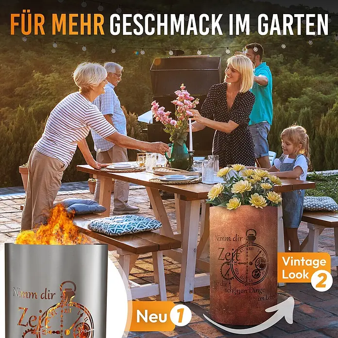 TiKo-Design Holzkohlegrill Feuertonne-Zeit - Grau - Rustikale Gartendeko mit "Nimm dir Zeit" Uhr-Design; silberne Feuerschalen-Variante gezeigt.