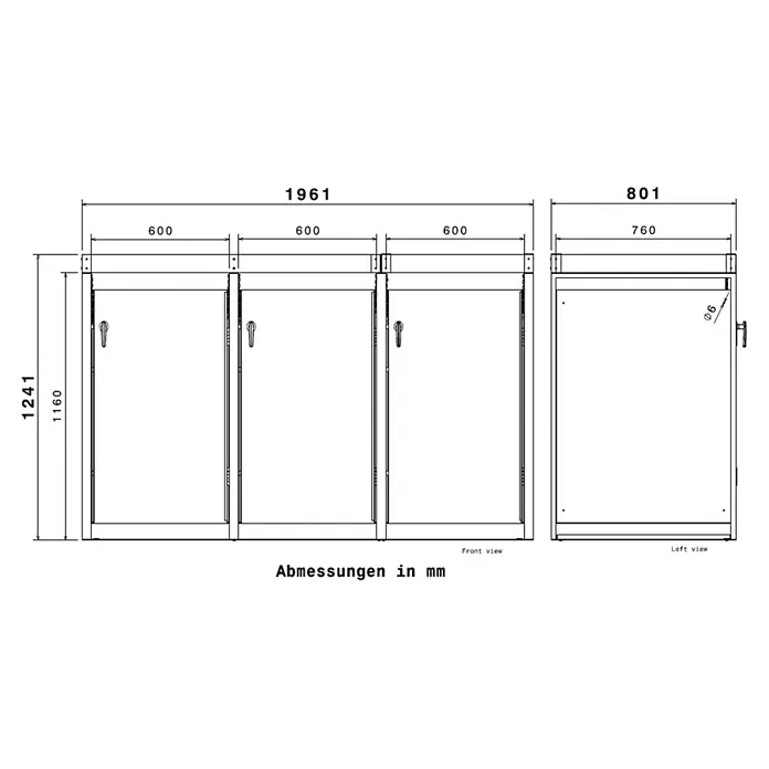 Metzler Mülltonnenbox - 198,5 x 80 cm, Stahl, Anthrazit, Geeignet für Anzahl Mülltonnen: 3 Stk., Mit Pflanzdach - Technische Zeichnung einer Mehrtürschrankeinheit mit Vorder- und Seitenansicht, Maße in mm.