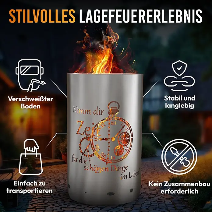 TiKo-Design Holzkohlegrill Feuertonne-Zeit - Grau - Edelstahl-Feuerschale mit lasergeschnittenem Taschenuhr-Design und lodernden Flammen, für stilvolle Abende im Freien.