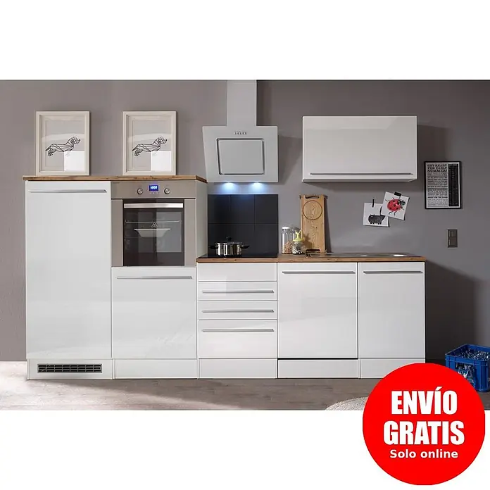 Respekta Cocina modular completa Gabriel - Ancho: 290 cm, Blanco, Sin electrodomésticos - Cocina moderna blanco brillante con encimera de madera, horno, placa de cocción y campana extractora de acero inoxidable integrados.