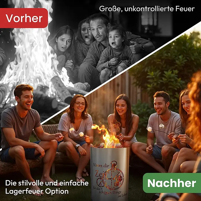 TiKo-Design Holzkohlegrill Feuertonne-Zeit - Grau - Eine silberne Feuerschale mit dekorativen Aussparungen, genutzt von Personen, die Marshmallows über einem kontrollierten Feuer rösten.