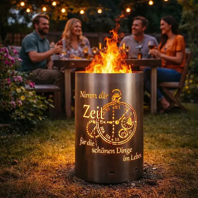 TiKo-Design Holzkohlegrill Feuertonne-Zeit - Grau - Metallische Feuerschale mit leuchtendem Uhr- und Textausschnitt-Design, draußen mit Freunden genutzt.