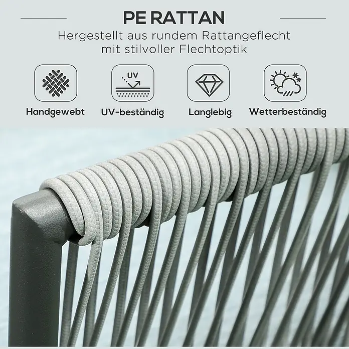 Outsunny Loungemöbel-Set 3-teilig, mit Tisch - 4 -tlg., Aluminium, Polyethylen, Polyester, Sitzkissen, Schwarz, Grau, Blau - Nahaufnahme von grauem PE-Rattangeflecht auf dunklem Rahmen, handgewebt, UV-beständig, langlebig und wetterbeständig.