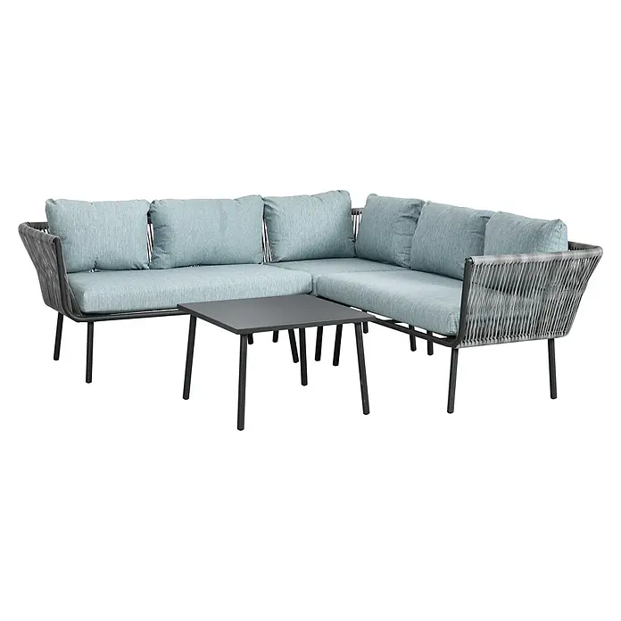Outsunny Loungemöbel-Set 3-teilig, mit Tisch - 4 -tlg., Aluminium, Polyethylen, Polyester, Sitzkissen, Schwarz, Grau, Blau - L-förmiges Outdoor-Sofa mit hellblauen Kissen, dunkelgrauem Geflechtgestell und einem kleinen quadratischen dunkelgrauen Tisch.
