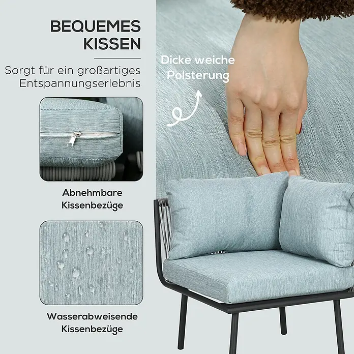 Outsunny Loungemöbel-Set 3-teilig, mit Tisch - 4 -tlg., Aluminium, Polyethylen, Polyester, Sitzkissen, Schwarz, Grau, Blau - Hellblaue Kissen mit dicker, weicher Polsterung, abnehmbaren und wasserabweisenden Bezügen auf einem schwarzen Metallstuhl.