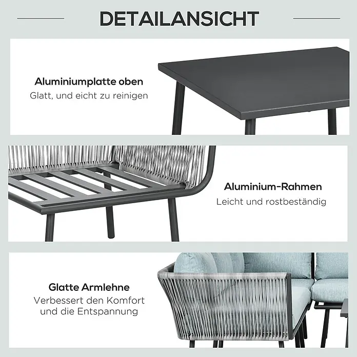 Outsunny Loungemöbel-Set 3-teilig, mit Tisch - 4 -tlg., Aluminium, Polyethylen, Polyester, Sitzkissen, Schwarz, Grau, Blau - Gartenset mit Aluminiumrahmen, glatter Aluminiumplatte und geflochtenen Armlehnen für Komfort.
