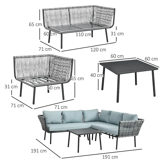 Outsunny Loungemöbel-Set 3-teilig, mit Tisch - 4 -tlg., Aluminium, Polyethylen, Polyester, Sitzkissen, Schwarz, Grau, Blau - Graue Seil-Gartenlounge mit hellblauen Kissen und passendem quadratischem Couchtisch.