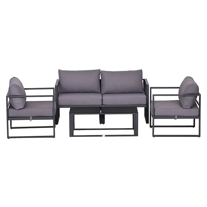 Outsunny Loungemöbel-Set 4-tlg. mit Tisch - 4 -tlg., Aluminium, Polyester, mit Tischplatte aus gehärtetem Glas, Grau - Dunkelgraue Metall-Gartensitzgruppe mit zwei Sesseln, einem Zweiersofa und einem Couchtisch mit grauen Polstern.