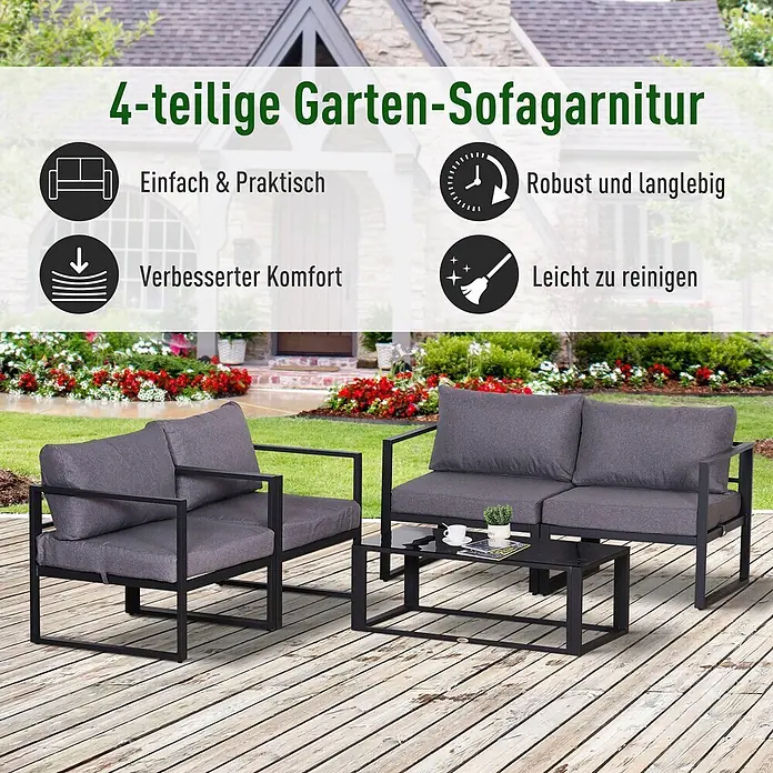 Outsunny Loungemöbel-Set 4-tlg. mit Tisch - 4 -tlg., Aluminium, Polyester, mit Tischplatte aus gehärtetem Glas, Grau - Eine 4-teilige Garten-Sofagarnitur mit dunkelgrauen Polstern und schwarzen Metallrahmen, auf einer Holzterrasse im Garten.