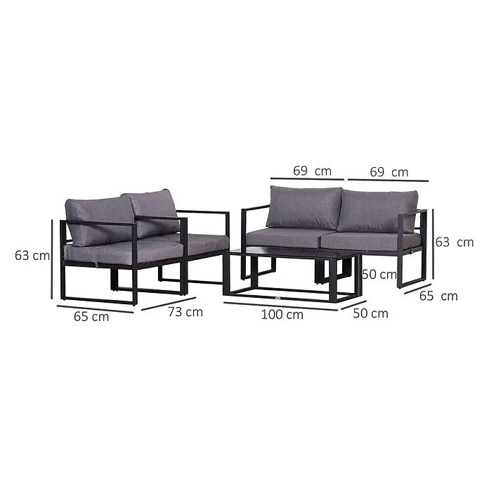 Outsunny Loungemöbel-Set 4-tlg. mit Tisch - 4 -tlg., Aluminium, Polyester, mit Tischplatte aus gehärtetem Glas, Grau - Gartenlounge-Set mit schwarzem Metallrahmen und grauen Kissen: Sessel, 2er-Sofa und Couchtisch.