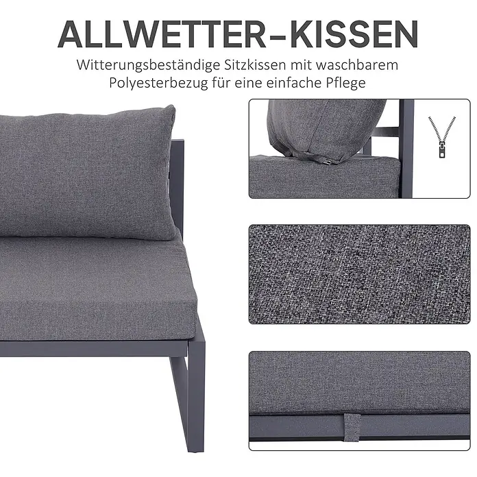 Outsunny Loungemöbel-Set mit Tisch - 6 -tlg., Aluminium, Polyester, Hartglas, mit Abnehm- und Waschbaren Kissenbezügen, Grau - Graue wetterbeständige Sitzkissen mit waschbarem Polyesterbezug auf Outdoor-Möbeln.