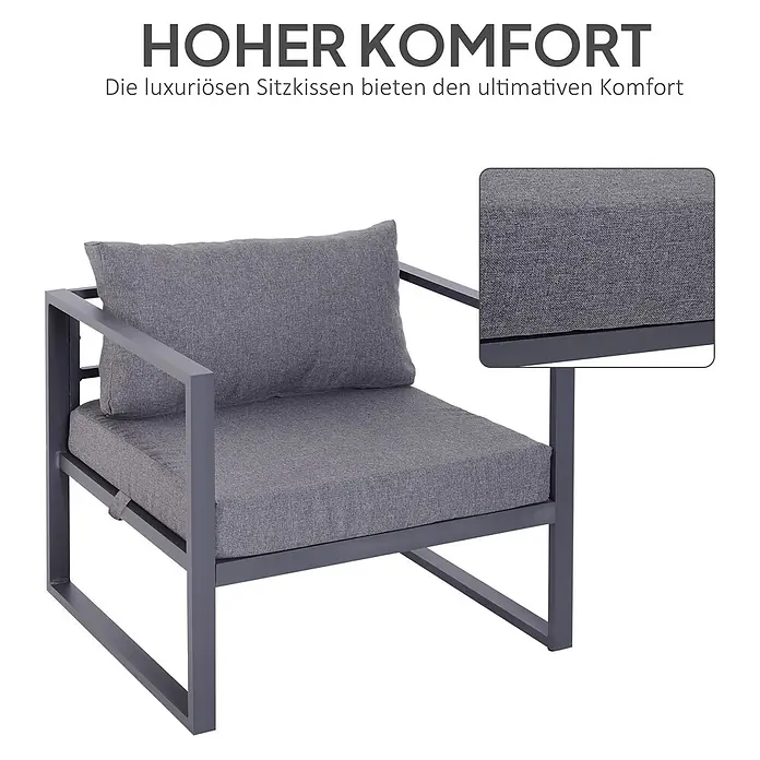Outsunny Loungemöbel-Set mit Tisch - 6 -tlg., Aluminium, Polyester, Hartglas, mit Abnehm- und Waschbaren Kissenbezügen, Grau - Grauer Outdoor-Sessel mit robustem Metallrahmen und luxuriösen grauen Kissen.