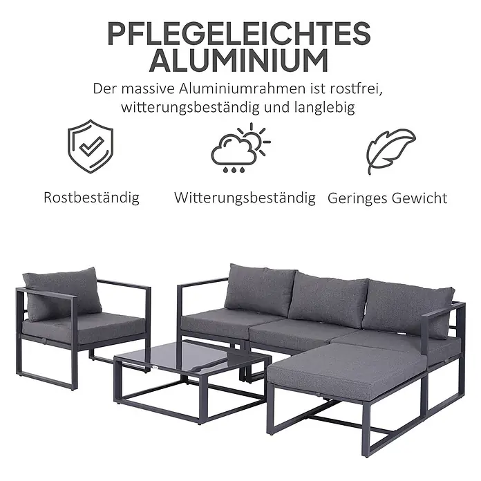 Outsunny Loungemöbel-Set mit Tisch - 6 -tlg., Aluminium, Polyester, Hartglas, mit Abnehm- und Waschbaren Kissenbezügen, Grau - Graues Garten-Lounge-Set aus pflegeleichtem, wetterfestem Aluminium mit bequemen Kissen und Glastisch.