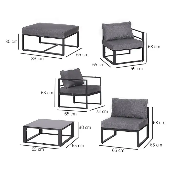 Outsunny Loungemöbel-Set mit Tisch - 6 -tlg., Aluminium, Polyester, Hartglas, mit Abnehm- und Waschbaren Kissenbezügen, Grau - Modulares Outdoor-Lounge-Set mit dunkelgrauen Kissen und schwarzen Metallgestellen, bestehend aus Sessel, Mittelteil, Hocker und Couchtisch mit Maßen.