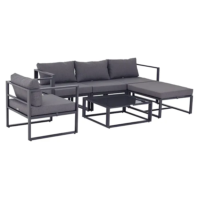 Outsunny Loungemöbel-Set mit Tisch - 6 -tlg., Aluminium, Polyester, Hartglas, mit Abnehm- und Waschbaren Kissenbezügen, Grau - Dunkelgraues Outdoor-Ecksofa mit Metallrahmen, Polstern und Couchtisch mit Glasplatte.